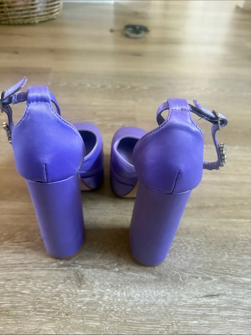Satin lavender Platform Block Heel Sandals in Purple with Rhinestone Ankle Strap